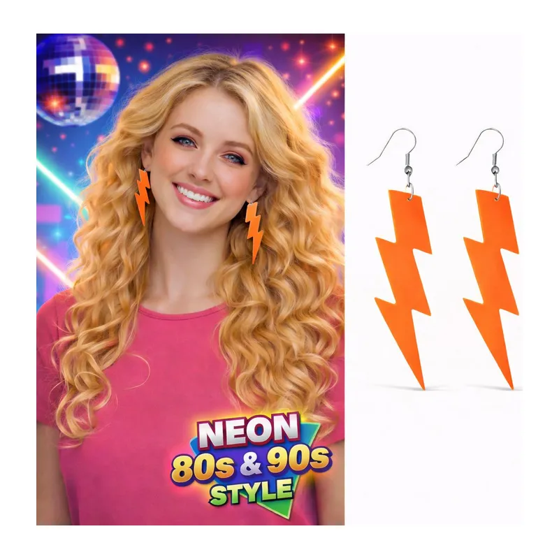 80’ler 90'lar Retro Neon Turuncu Şimşek Küpe 10 cm (5643)