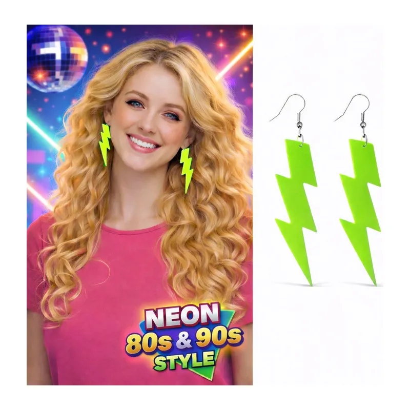 80’ler 90'lar Retro Neon Yeşil Şimşek Küpe 10 cm (5643)