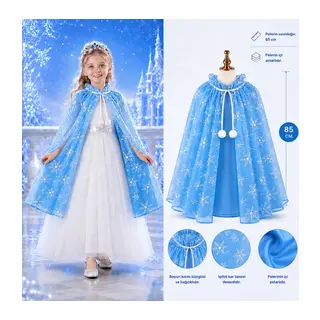 Kar Tanesi Desenli Mavi Elsa Pelerini - Astarlı Frozen Pelerini 85 cm (5643)