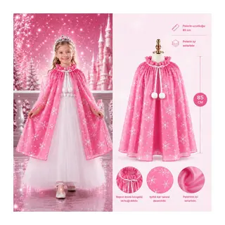 Kar Tanesi Desenli Pembe Elsa Pelerini - Astarlı Frozen Pelerini 85 cm (5643)