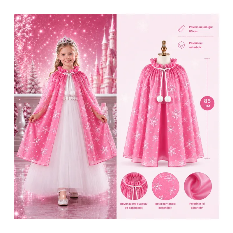 Kar Tanesi Desenli Pembe Elsa Pelerini - Astarlı Frozen Pelerini 85 cm (5643)