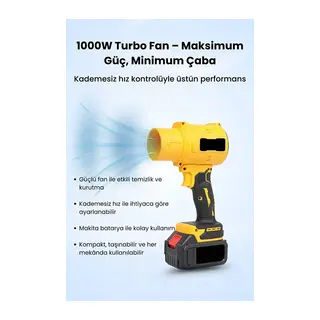 21V Kablosuz Hava Üfleyici | 32.000RPM Turbo Fan, 12.000mAh Batarya, Bahçe & Araç Kurutma / Sarı (5643)