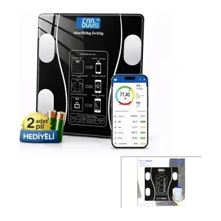 BLUETOOTH - VÜCUT ANALİZLİ DİJİTAL BASKÜL TERAZİ TARTI 180KG/50G YAĞ -SU -KAS ORAN -BMI (5643)