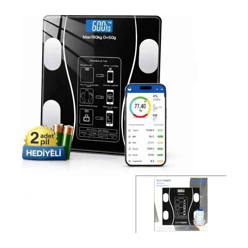 BLUETOOTH - VÜCUT ANALİZLİ DİJİTAL BASKÜL TERAZİ TARTI 180KG/50G YAĞ -SU -KAS ORAN -BMI (5643)