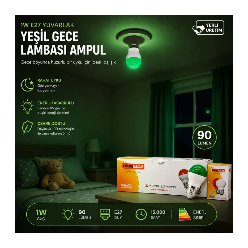 10 ADET 1W E27 YEŞiL YUVARLAK GECE LAMBASI LED AMPUL EAMP-075 (5643)