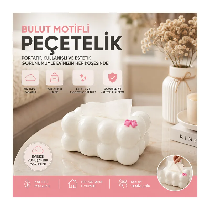 19X12.5X8.5CM BEYAZ YAYLI MASAÜSTÜ BUBBLE DEKORATİF BULUT PEÇETELİK (5643)
