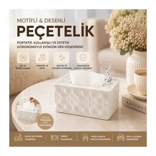 18.4X12.5X9CM BEYAZ YAYLI MASAÜSTÜ DEKORATİF DİKDÖRTGEN PEÇETELİK (5643)