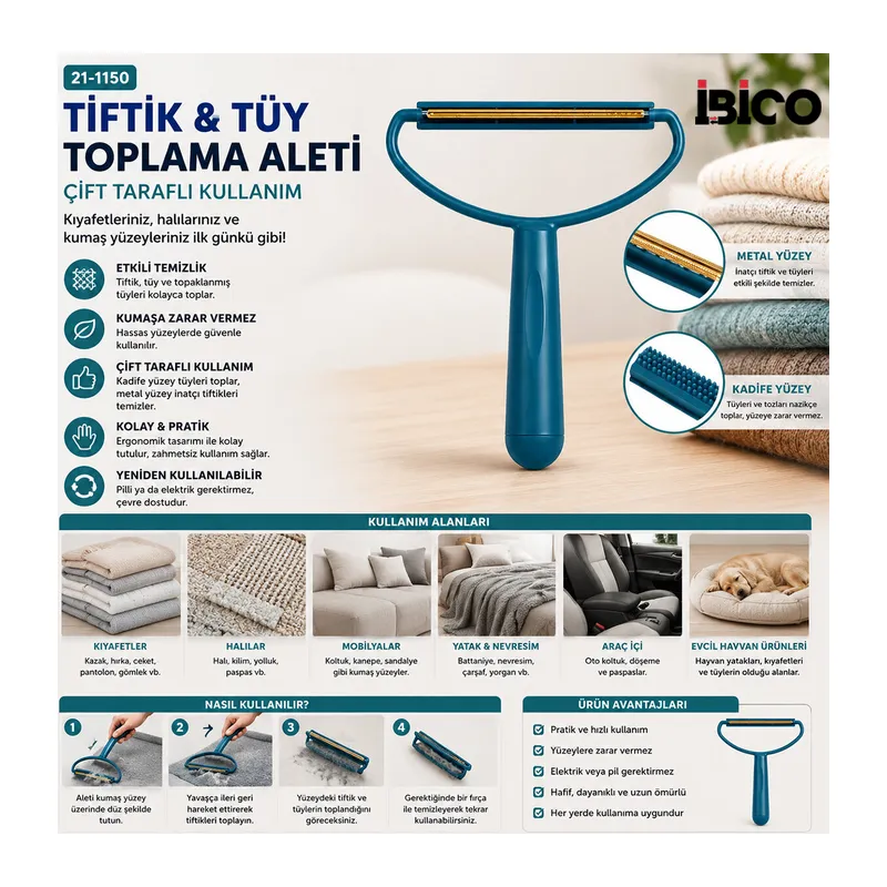 2İN1 BAŞLI PLASTİK SAPLI METAL TİFTİK TÜY TOPLAMA PLS.KAŞIYICI APARAT PET SHOP (5643)