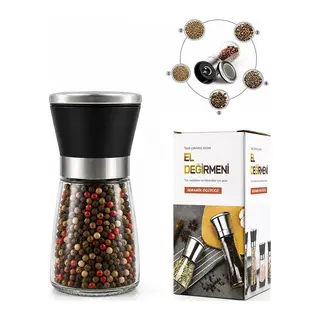 HAND GRINDER KÜÇÜK CAM HAZNELİ - PLS.KAPAKLI - KROM BELLİ TUZ - BAHARAT ÖĞÜTÜCÜ (5643)