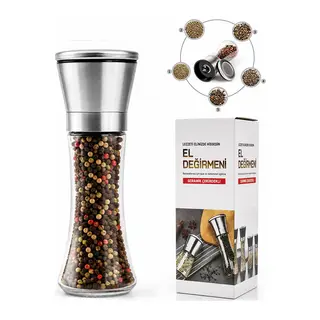 HAND GRINDER BÜYÜK CAM HAZNELİ - KROM KAPLAMA PLS.KAPAKLI TUZ - BAHARAT ÖĞÜTÜCÜ (5643)