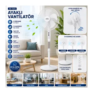 BEYAZ 5 PERVANE - 16 INC EV - OFİS KOMPAKT - SESSİZ - ÜÇ KADEME 140CM YÜKSEKLİK AYAKLI VANTİLATÖR SF-6789 (5643)