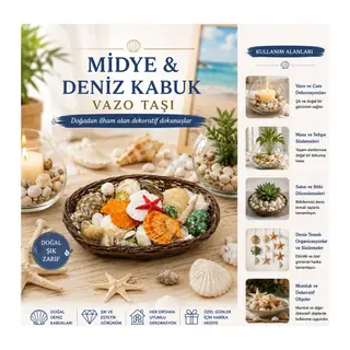 OVAL AHŞAP SEPET RENKLİ MİX MİDYE - DENİZ KABUK VAZO TAŞI (5643)