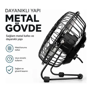 USB ŞARJLI - METAL GÖVDE 14.5X7.5X15CM MİNİ MASAÜSTÜ FAN - VANTİLATÖR EFN-482 (5643)