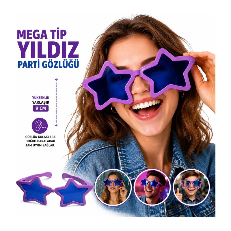 Mega Tip Yıldız Parti Gözlüğü Mor Renk (5643)