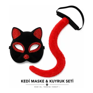 Kırmızı Kedi Maske ve Kuyruk Seti Parti Kostüm Aksesuarı (5643)