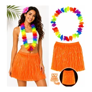 Neon Turuncu Hawaii Etek 40 cm ve Rengarenk Hawaii Kolye (5643)