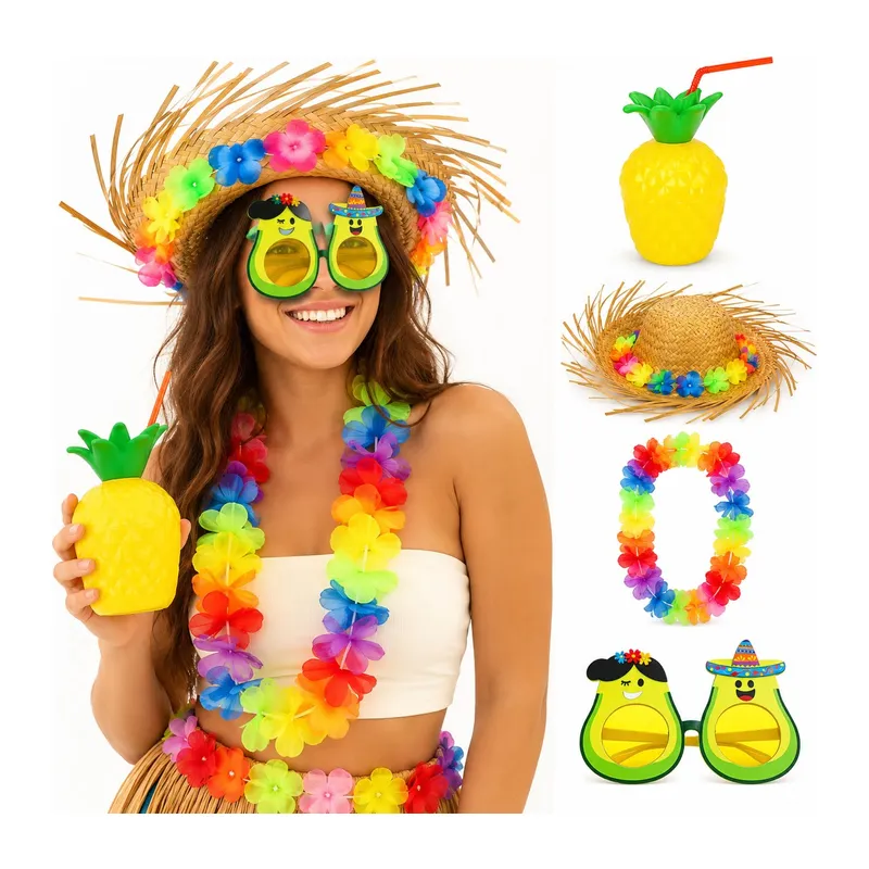 4 Parça Hawaii Parti Seti Ananas Bardak Hasır Şapka Avokado Gözlük Çiçek Kolye (5643)
