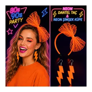 Neon Turuncu Dantel Taç ve Şimşek Küpe 80'ler 90'lar Parti Seti (5643)