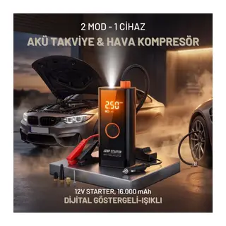 Akü Takviye Cihazı ve Lastik Şişirme Pompası – Powerbank Özellikli, Dijital Ekranlı SOS Fenerli Taşınabilir Kompresör (5643)