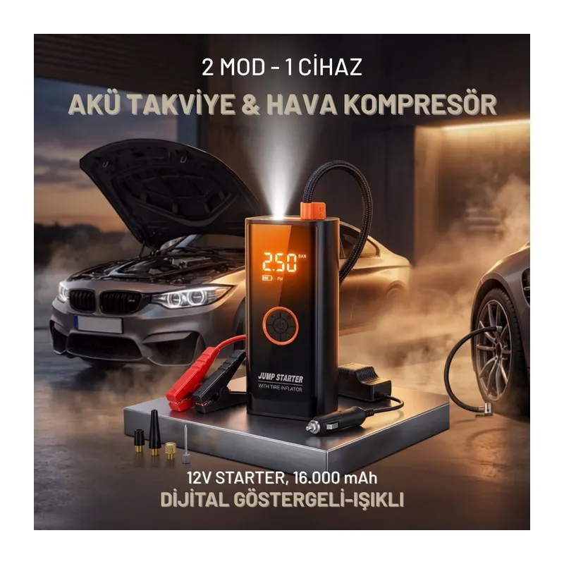 Akü Takviye Cihazı ve Lastik Şişirme Pompası – Powerbank Özellikli, Dijital Ekranlı SOS Fenerli Taşınabilir Kompresör (5643)