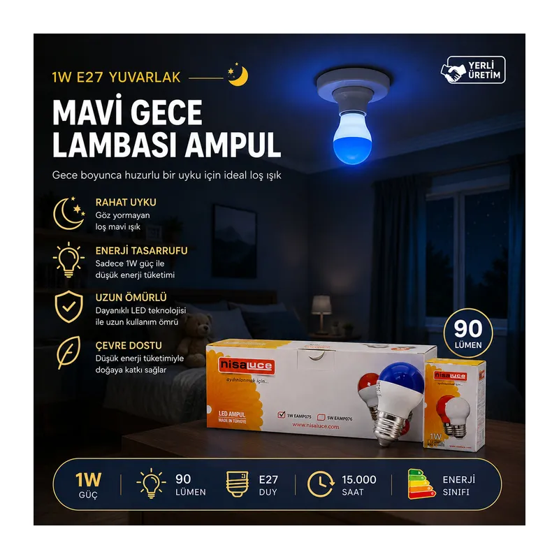 10 ADET 1W E27 MAVİ YUVARLAK GECE LAMBASI LED AMPUL EAMP-075 (5643)