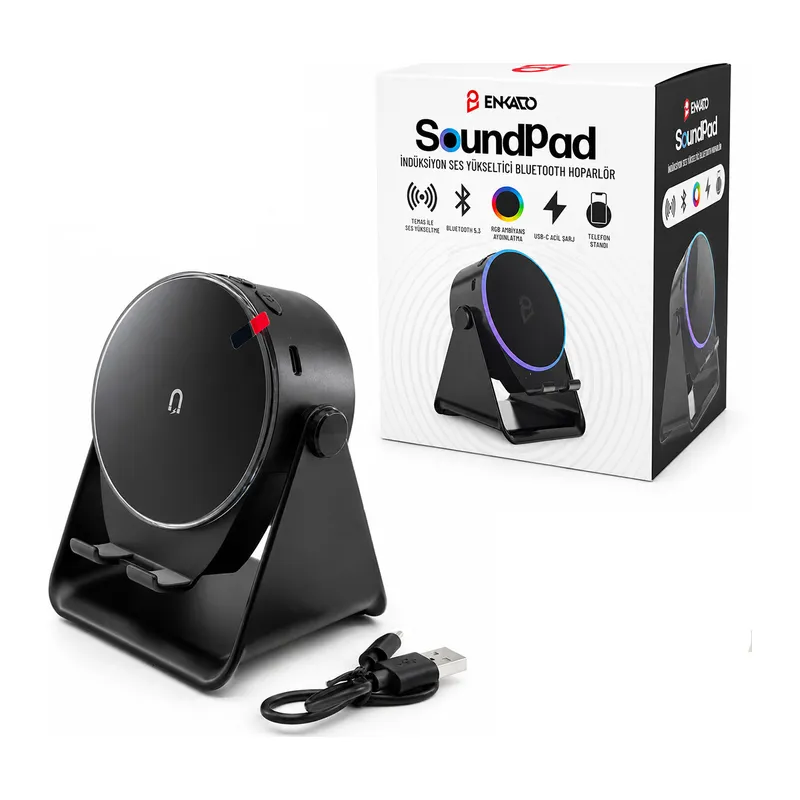 SOUNDPAD 5IN1 - 5W - 2000mAh TEMAS İLE SES YÜKSELTME - TELEFON STAND - USB-C ŞARJ SİYAH İNDİKSİYON SES YÜKSELTİCİ BLUETOOTH HOPARLÖR SPEAKER EKD-S10 (5643)