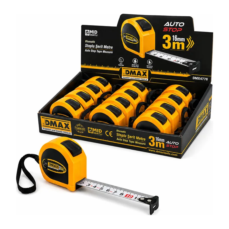 12 ADET 3MT X 16MM OTOMATİK ÇELİK ŞERİT METRE STOPLU (5643)