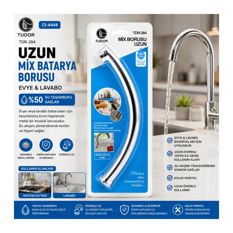 KUĞU EVYE - LAVABO UZUN MİX BATARYA BORUSU KROM KAPLAMA - VAKUMLU - SÜZGEÇLİ UÇ (5643)