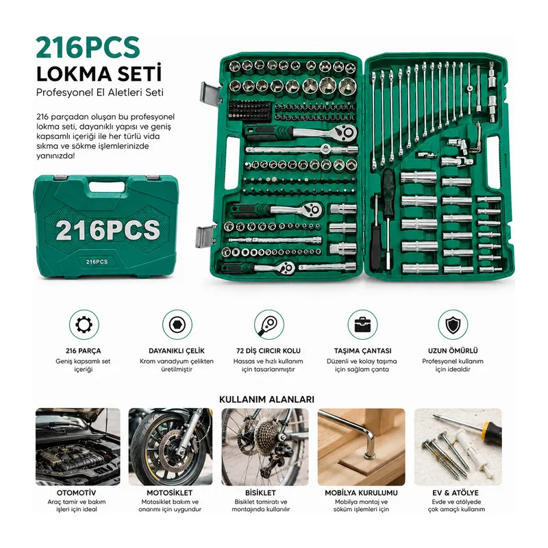 216PCS LOKMA SETİ LOKMA - SOKET - BİTS ADAPTÖR - 3AD.CIRCIR KOLU PLASTİK ÇANTALI (5643)