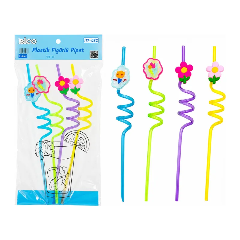 4PCS KIVRIMLI - RENKLİ PLASTİK PİPET FİGÜRLÜ=MİX (5643)