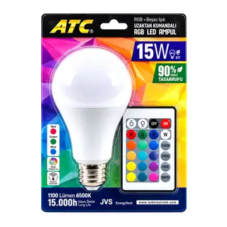 KUMANDALI - RGB 15W=90W - E27 LED AMPUL 1100LM 15000 SAAT ÖMÜR (5643)