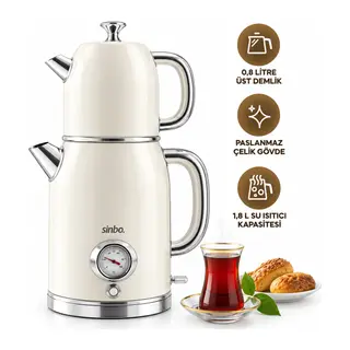 KREM ELEKTRİKLİ CAM DEMLİKLİ PLASTİK RETRO ÇAY SETİ ÇAYCI DERECE GÖSTERGELİ 1600W 1.8LT - 1LT STM-5849 (5643)