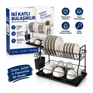 SİYAH - METAL 2 KATLI TABAKLIK - BULAŞIKLIK (5643)