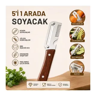 5'i 1 Arada Çok Fonksiyonlu Sebze ve Patates Soyucu, Paslanmaz Çelik Bıçaklı, Ahşap Saplı Mutfak Jülyen Soyacak, Şişe Açacağı (5643)