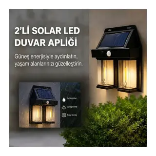 2'li Solar Güneş Enerjili LED Duvar Apliği, Hareket Sensörlü, Şarjlı, Kablosuz Dış Mekân Bahçe ve Kapı Lambası (5643)