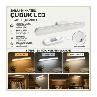 Şarjlı Manyetik LED Çubuk Lamba, Dokunmatik, 3 Modlu, Kablosuz Mutfak Dolap Altı ve Dekoratif Aydınlatma (5643)