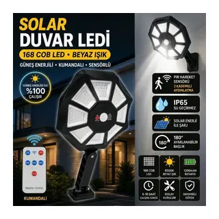 168B Solar LED Büyük Dış Mekân Lambası, Hareket Sensörlü, Kumandalı, 3 Modlu Ultra Parlak COB Işık, Su Geçirmez Kablosuz Duvar Apliği (5643)