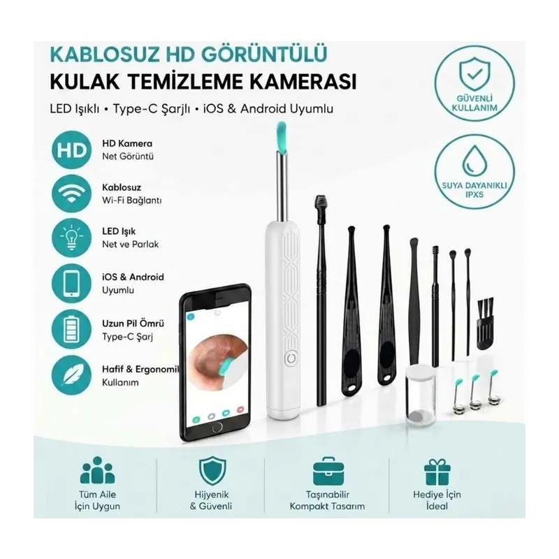 Beyaz Kablosuz HD Görüntülü Kulak Temizleme Kamerası, LED Işıklı Type-C Şarjlı iOS ve Android Uyumlu Kulak Temizleme Seti (5643)