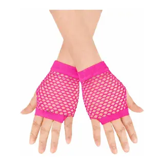 80’ler 90’lar Retro Neon Fuşya Şeker Pembesi File Parmaksız Kısa Eldiven 11 cm (5643)