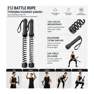2'li Battle Rope Titreşimli Egzersiz Çubuğu, Yaylı Dalga Mekanizmalı Kol, Omuz, Göğüs, Sırt ve Core Antrenman Aleti (5643)
