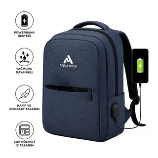 Lacivert Laptop Sırt Çantası, Bilgisayar Korumalı İç Bölmeli Notebook Çantası, Organizer Cepli ve USB Şarj Portlu (5643)