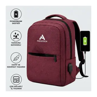 Bordo Laptop Sırt Çantası, Bilgisayar Korumalı İç Bölmeli Notebook Çantası, Organizer Cepli ve USB Şarj Portlu (5643)
