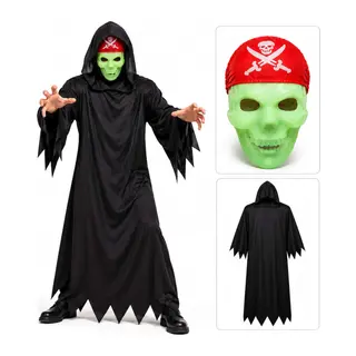Fosforlu Kafatası Maskeli Siyah Hayalet Kostümü – 140 cm (5643)