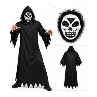 Tüylü Eva Kafatası Maskeli Siyah Hayalet Kostümü – 140 cm (5643)