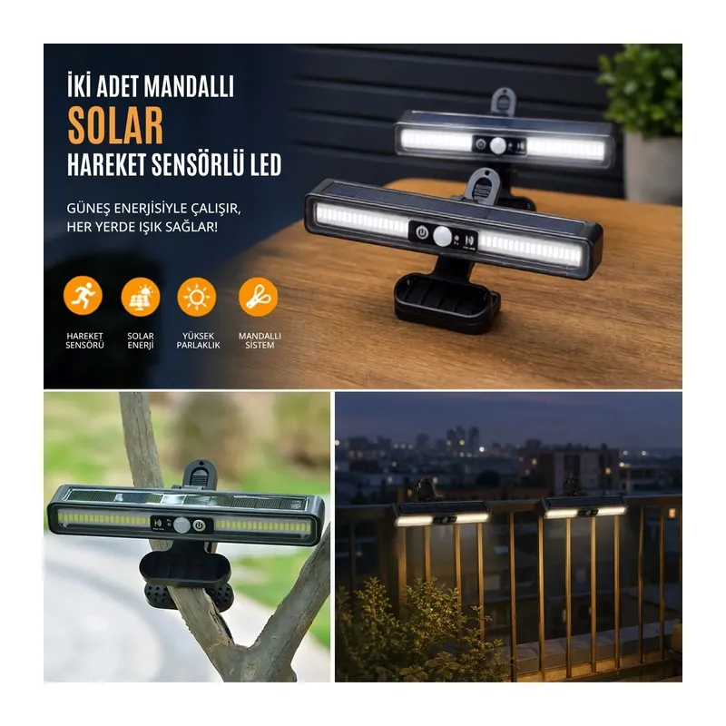 2 Adet 36 LED Mandallı Solar Lamba, Güneş Enerjili, Hareket Sensörlü, 3 Modlu, Kıskaçlı Kablosuz Dış Mekân Duvar Apliği (5643)
