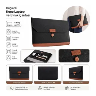 15.6 İnç Düğmeli Keçe Laptop ve Evrak Çantası, Notebook Bilgisayar ve Dosya Taşıma Çantası (5643)