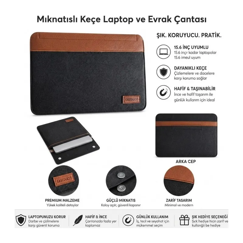 15.6 İnç Mıknatıslı Keçe Laptop ve Evrak Çantası, Notebook Bilgisayar ve Dosya Taşıma Çantası (5643)