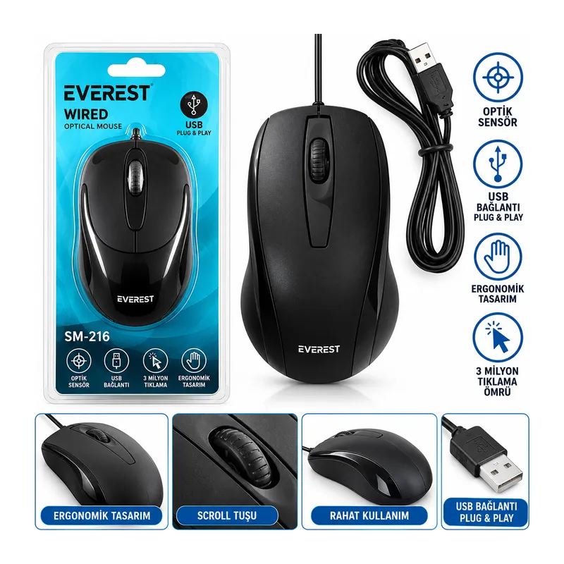 KABLOLU USB - IŞIKLI SİYAH OPTİCAL MOUSE 1200 DPI SM-216 (5643)
