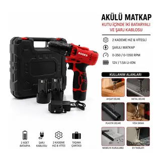 2 KADEME HIZ - VİTESLİ ŞARJLI MATKAP 0-350 / 0-1350 RPM 12V / 1.5A LI-ION RDX-3322 (5643)