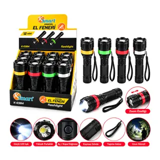 12 ADET ZOOMLU EL FENERİ 3XAAA PİLLİ RENKLİ PLASTİK K-0384 (5643)
